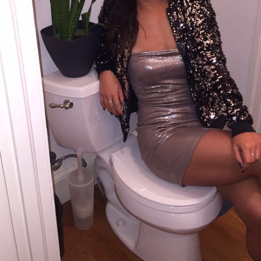 Missguided Metallic Strapless Dress+Sequin Bomber - Picture 2 of 3